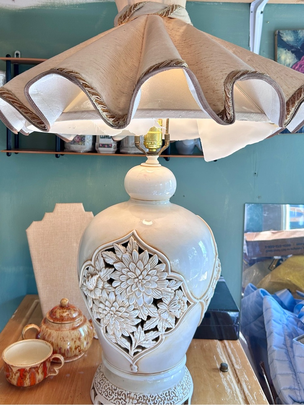 Antique Elegant Italian White Ceramic Table Lamp with Floral Cutout Design